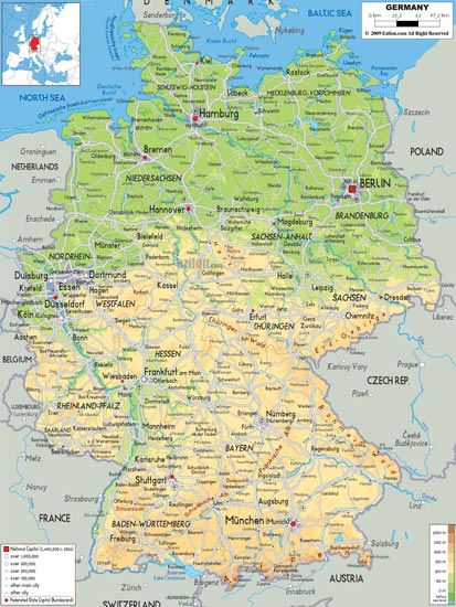 Administrative, physical and relief map of Germany